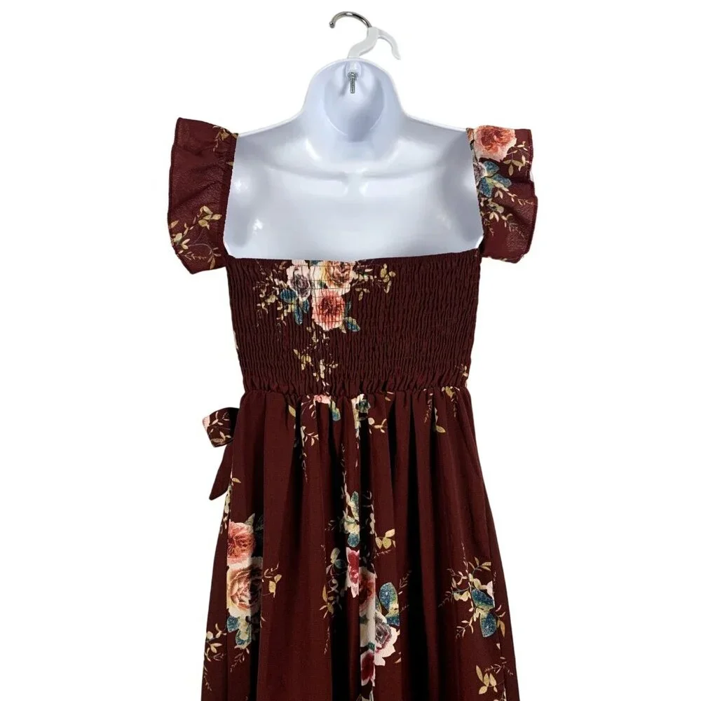 Womens Floral Print Maxi Dress With Ruffle Sleeves & Waist Tie Burgundy Small - Picture 6 of 10